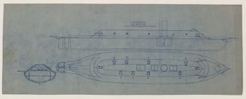 Naval architectural plan showing three views of CSS Virginia